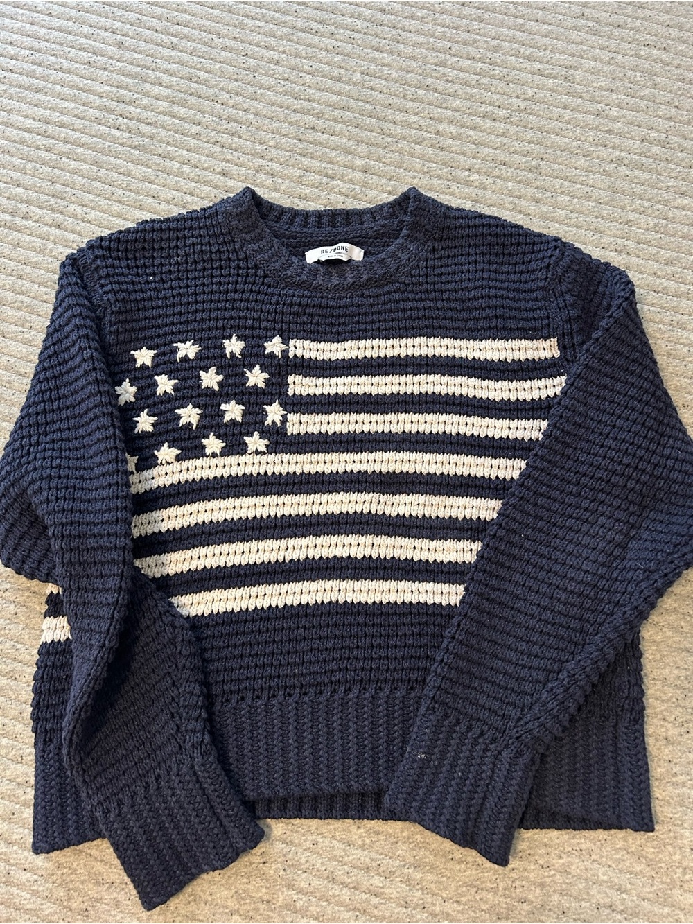 Re/Done Navy and Cream Flag Knit Crewneck Sweater